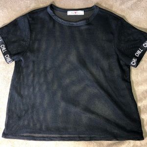 BLACK MESH SHIRT WITH ‘CHILL’ SLEEVE LOGO